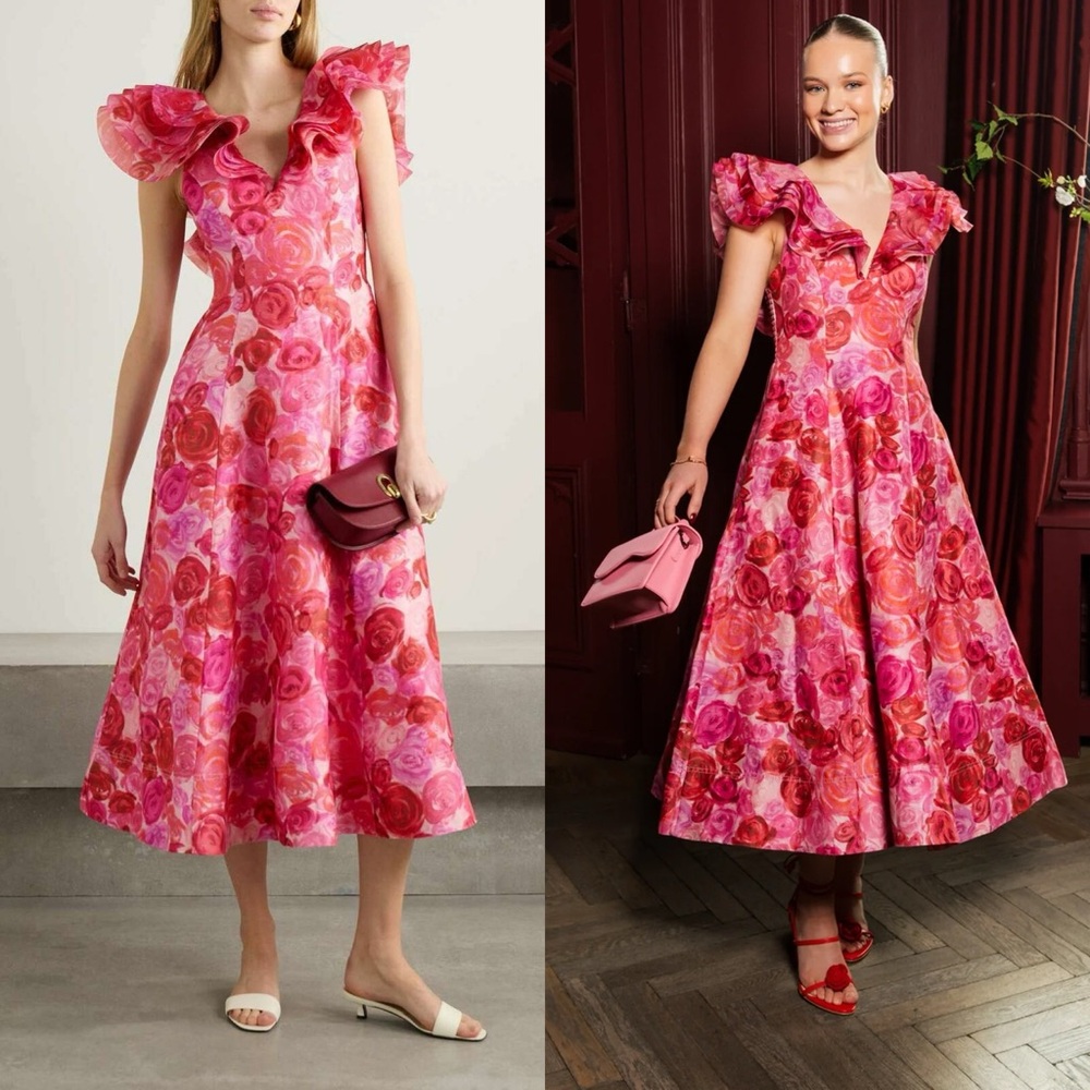 NWT Aje Enchanted Plunge Midi Dress Floral Rose Ruffle Linen